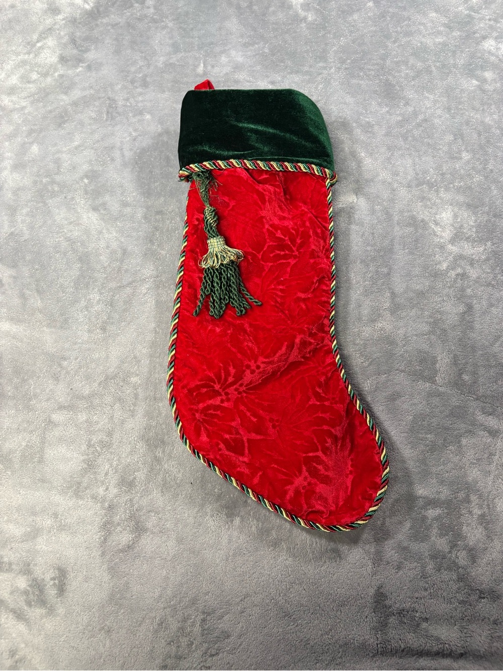 Red Velvet Holiday Stocking with Green Cuff and Tassel